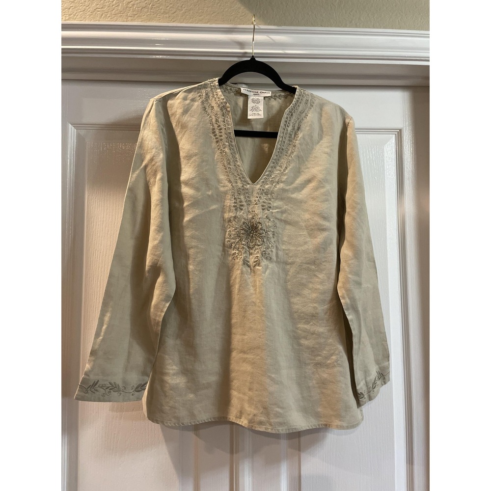 Josephine Chaus Blouse Womens L Beige Linen Embroidered Beaded V Neck Tunic Top